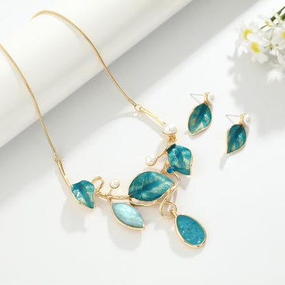 Vintage Statement Jewelry Set - Chunky Flower Floral Plant Geometric Resin Bib Necklace Earring Set Bohemian Boho Crystal Rhinestone Fashion Jewelry for Women Bridal Party Prom Unique Gift - style: MLJS2609-Blue