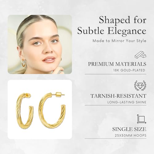 18K Gold Plated Sterling Silver Earrings for Women – Pure & Polished, Twist, Square, Hinged Tube, Abstract & Heart Shape Hoops – Lightweight, Hypoallergenic, Non-Tarnish Jewelry (Sizes: 3x35mm-46x30mm) - color: Gold, size: Twist Hoop (4x25x30mm)