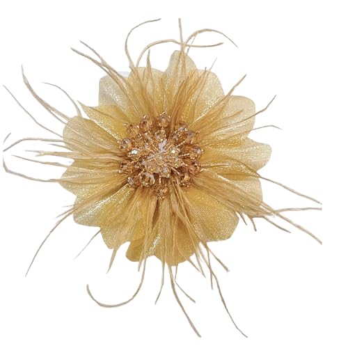 4" Crystal Feather Flower Brooch Pin for Women Girls Dainty Bright Satin Rhinestone Floral Brooches Lapel Hair Pins Elegant Wedding Cocktail Prom Party Hat Bag Suit Clothing Dress Accessories Jewelry Gift - color: Gold