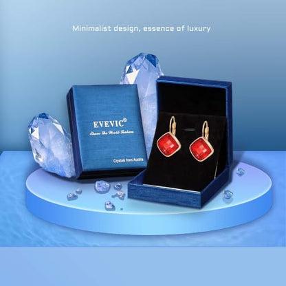 Austrian Crystal Square Leverback Drop Earrings for Women | Classic Square-Cut Crystal,14K Gold-Plated,Leverback for Easy Secure Wear,Gift Box Included,For Day and Evening Events - color: Red