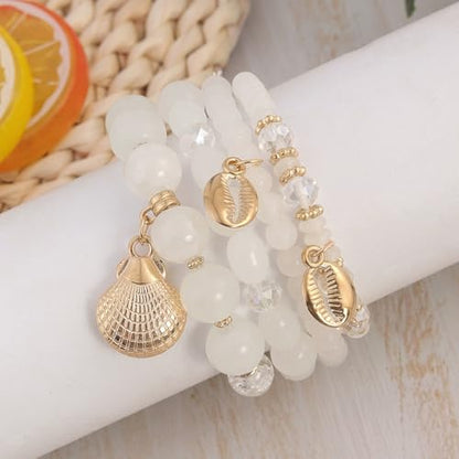 Shell Starfish Bracelet Seahorse Conch Starfish Sea Shell Pearls Charm Stone Bracelet Statement Bohemian Sea Themed Beach Jewelry for Women - color: White J