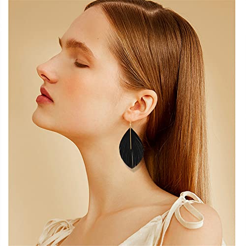 Bohemian Handmade Lightweight Color Large Genuine Soft Leather Fringe Feather Leaf Tear Dangle Drop Earrings for Women Statement - color: Black