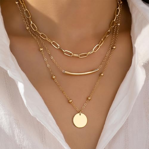 14K Gold Layered Necklaces for Women Trendy Small Bead Tube Polish Coin Pendant Choker Paperclip Chain Necklace Statement Accessory Jewelry Set Gift