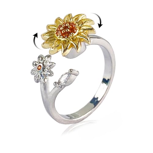 Hebelee Rotatable CZ Sunflower Spinner Ring for Women Fashion Crystal Rotating Flower Stackable Statement Open Wrap Finger Rings Comfort Fit Adjustable Fidget Anxiety Relieving Stress Jewelry - color: Sunflower
