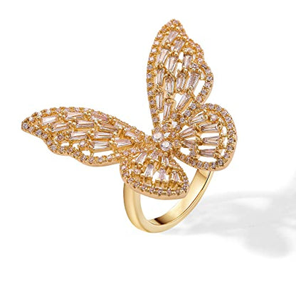 Butterfly Rings for Women Adjustable Golden Cocktail Ring Sparkly Stones Statement Silver Bow Open Wrap Bow Jewelry Bridesmaids Wedding Valentine’s Day Gift Lover Mother - color: JZ03-Gold