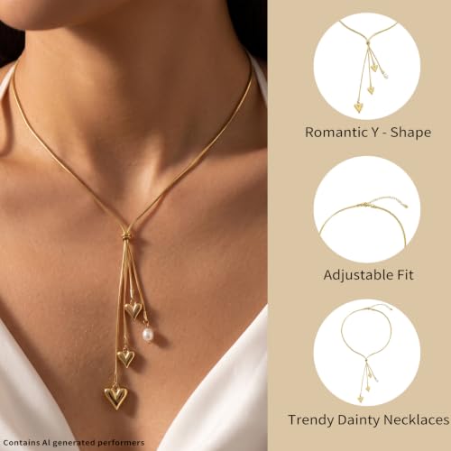 1Piece Gold-Tone Lariat Minimalist Dainty Heart Pearl Pendant Long Necklace | lariat necklace for women|y shaped necklace|lariat necklace gold|gold heart lariat necklace