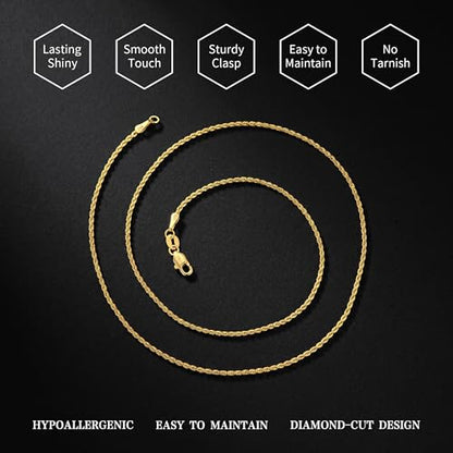 S925 Sterling Silver Chain for Women, 2mm Sterling Silver Rope Chain Necklace Thick Sturdy Colourfast Necklaces Jewelry for Women 16/18/20/22 Inch - color: Silver