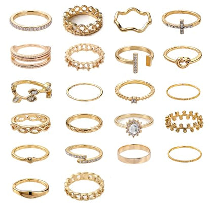 42-Piece Gold Tone Stackable Ring Set for Women, Boho Minimalist Stacking Rings with Crystal & Heart Accents, Adjustable Open Band Jewelry for Daily Wear - style: TZJ-003350-01