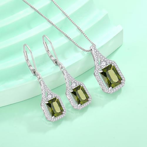 Created Gemstone Necklace 925 Sterling Silver Halo Rectangular Pendant Birthstone Necklaces Jewelry Gifts for Women - color: 08 August - Peridot