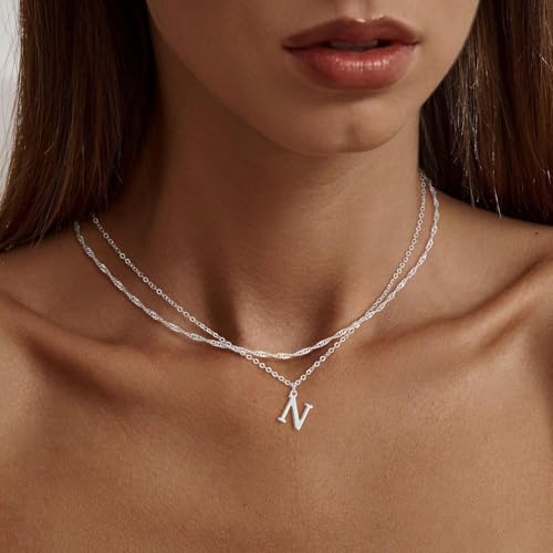 14K Gold Plated Initial Necklaces for Women Dainty Layered Letter Pendant Necklace Cute Choker Necklace Gift Trendy Stuff Personalized Jewelry Stack for Women Her - color: Silver, style: K