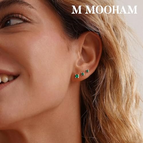 M MOOHAM Birthstone Stud Earrings, Hypoallergenic Dainty 14K Gold-Plated Stud Earrings Cubic Zirconia Cartilage Earring for Women Jewelry Gifts - color: Silver-04-April-Clear CZ