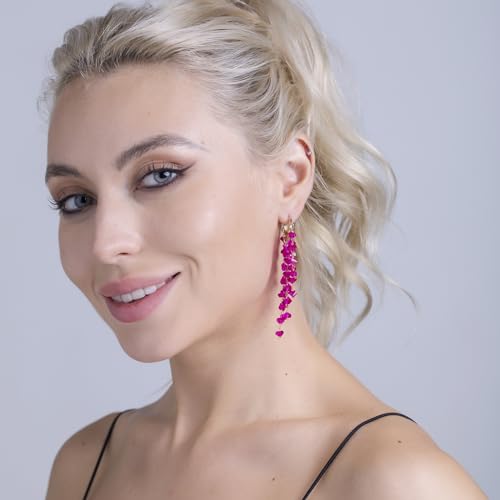 Fringe Hoop Dangle Earrings, Long Beads Tassel Chain Earrings for Women Sparkly Chandelier Earrings - color: Hot Pink