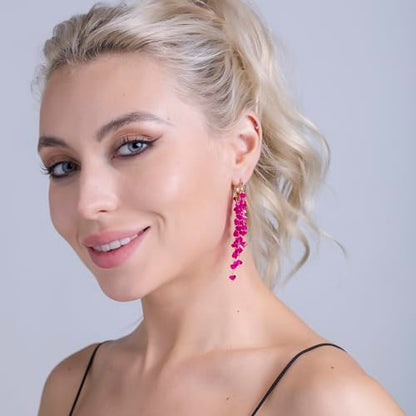 Fringe Hoop Dangle Earrings, Long Beads Tassel Chain Earrings for Women Sparkly Chandelier Earrings - color: Hot Pink