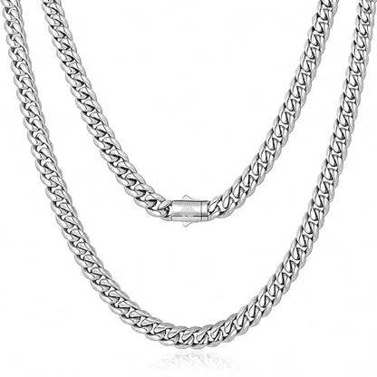 Hip Hop 18K Gold Cuban Link Chain for Men, 8mm Miami Cuban Necklace 316L Stainless Steel, Gold & Silver Available, Quick Lock Button Clasp, Anti-Tarnish Skin Friendly Mens Jewelry Gifts, 18-24" - color: Silver-8mm