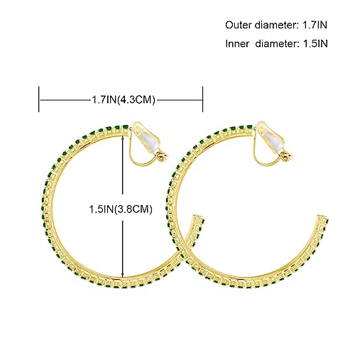 YOQUCOL 4.3CM(1.7in) Clip On Hoop Earrings Cubic Zirconia Non Pierced Ears Hoops for Women - color: Gold-Green