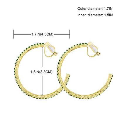 YOQUCOL 4.3CM(1.7in) Clip On Hoop Earrings Cubic Zirconia Non Pierced Ears Hoops for Women - color: Gold-Green