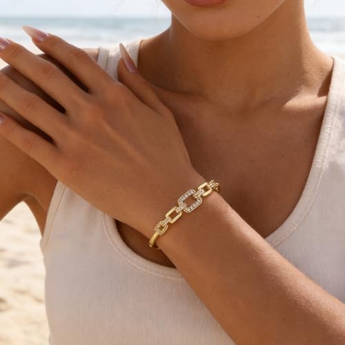 hotoo Gold Plated Bangle Bracelet for Women - style: Diamond-Set Cuban Chain Splicing