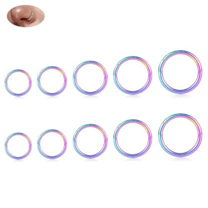 18G Nose Hoop Rings Surgical Steel Hinged Segment Clicker Rings 16G Septum Lip Rings 10 PCS Conch Daith Rook Cartilage Tragus Helix Sleeper Lobe Hoop Earrings Piercing Jewelry for Women 6mm to 16mm - color: Rainbow:10 pcs