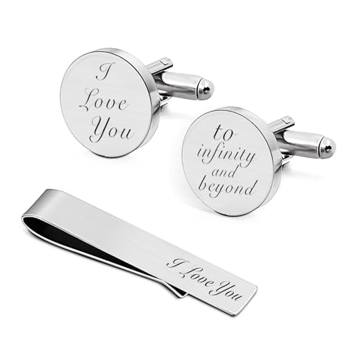 JUOOE Cufflinks for Men Tie Clip Set Cuff Links Personalized CuffLinks Gift for Groom Husband Father Boyfriend Stainless Steel Cufflinks Shirt Business Wedding Gifts - style: Silver I love you