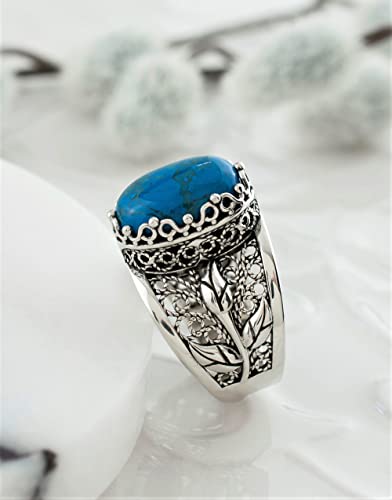 Filigranist 925 Sterling Silver Filigree Art Lace Embroidery Tulip Detailed Gemstone Women Cocktail Ring, Luxurious Gift Boxed - color: Turquoise