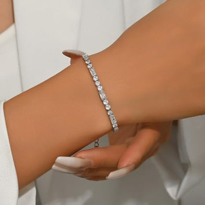 Tennis Bracelet for Women 18K Gold Plated White Red Green Black Blue Pink 3mm Cubic Zirconia Bracelet Dainty Diamond Adjustable Bracelet Trendy Jewelry Gift - color: White Tennis-White Gold