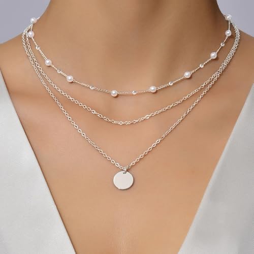 SmileBelle Pearl Necklaces for Women, 18K Gold Daisy Choker for Women's | Pearl Strand Necklaces as Summer Gifts for Teens, Silver Daisy Flower Gifts, 3 Pearls White Necklace as Bridesmaid Gift - color: Silver