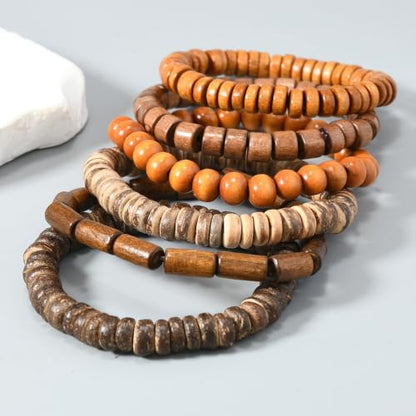 5pcs Wooden Bead Bracelet Set with Charm and Tassel for Men & Women - Stackable Boho Bracelets, Amber Color Scheme Adjustable Bracelet - color: Brown Brown