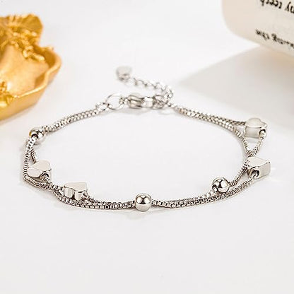 925 Sterling Silver Plated Bracelets for Women Love Heart Charm Chain Bracelet Bangle Fashion Jewelry Gifts - style: layered-heart chain