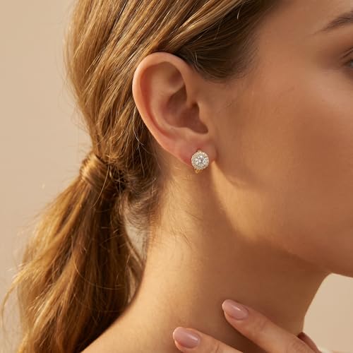 Reffeer Solid 925 Sterling Silver Halo Hoop Earrings for Women Teens Simulated Diamond Huggie Earrings Sparkly Cubic Zirconia Earrings Hoop - color: B-18K Gold Plated