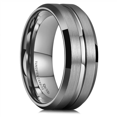 King Will Tungsten Carbide Wedding Band for Men Women-6/8/10mm Width Multicolor Available with Grooved Center Wedding Ring Suitable for Work, Gym Comfort Fit Size 4-16 - color: Gunmetal Gray-8mm