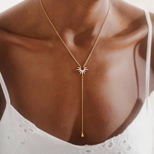 Lariat Gold Necklace for Women, Dainty Long Necklaces 14k Gold Plated Y-Shaped Layered Drop Necklaces for Women Trendy Simple Gold Jewelry for Prom Vacation Gifts - color: Sun Necklace-Gold
