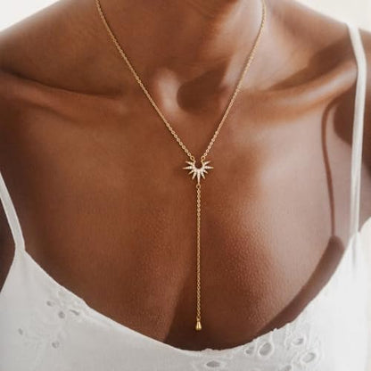 Lariat Gold Necklace for Women, Dainty Long Necklaces 14k Gold Plated Y-Shaped Layered Drop Necklaces for Women Trendy Simple Gold Jewelry for Prom Vacation Gifts - color: Sun Necklace-Gold