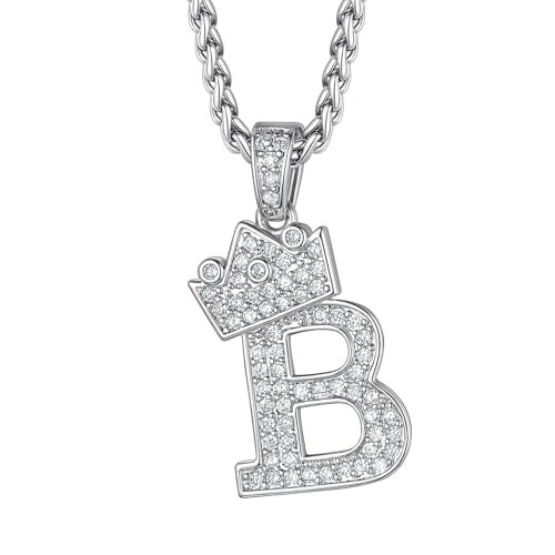 Richsteel Silver Crown Initial A-Z Letter Pendant Necklace for Men Women | Cubic Zirconia Monogram, 316L Steel Chain, 22" + 2" Extender,Hypoallergenic,Gift Box, Hip Hop Jewelry - style: B