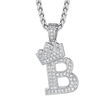 Richsteel Silver Crown Initial A-Z Letter Pendant Necklace for Men Women | Cubic Zirconia Monogram, 316L Steel Chain, 22" + 2" Extender,Hypoallergenic,Gift Box, Hip Hop Jewelry - style: B