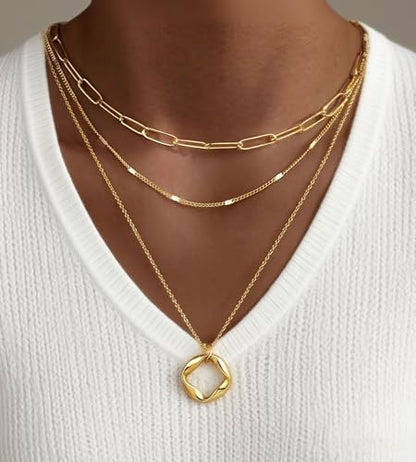 YEEZII Layered Gold Necklaces for Women Trendy, 3 Pcs 14K Gold Plated Choker Paperclip Box Chain Necklace, Stackable Women's Gold Pendant Necklaces Jewelry Set - color: Gold-3 pcs Circle