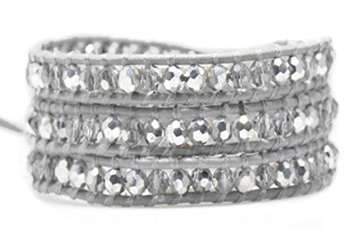 Crystals Wrap Bracelet Genuine Leather Handmade 5 Multilayer 4mm Beads Woven Bangle