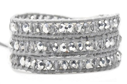 Crystals Wrap Bracelet Genuine Leather Handmade 5 Multilayer 4mm Beads Woven Bangle