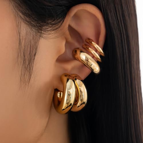 Chunky Gold Huggie Earrings Sets for Women Vinatge Non Piercing Ear Cuff Statement Earrings Personalized Large Clip On Hoop Earrings Fashion Jewelry - color: Gold