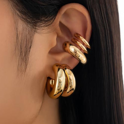 Chunky Gold Huggie Earrings Sets for Women Vinatge Non Piercing Ear Cuff Statement Earrings Personalized Large Clip On Hoop Earrings Fashion Jewelry - color: Gold