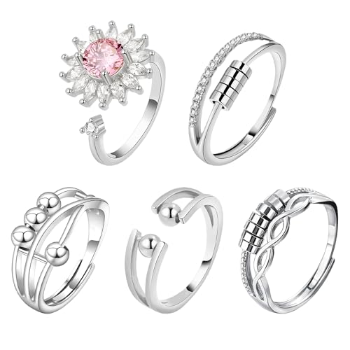 5pcs Adjustable Open Stainless Steel Stress Spinner Rings for Women Calming Anxiety Fidget Band Aesthetic Cute Thumb Jewelry Set Cool Stackable Accessories