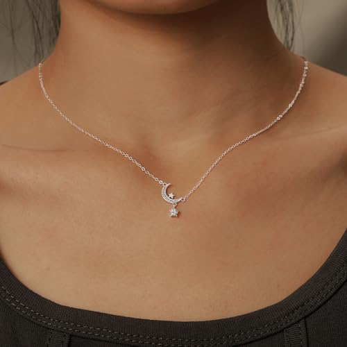 925 Sterling Silver Dainty Moon Star Necklaces for Women Daughter Mom | Moon Pendant Necklaces Trendy Non Tarnish 14K Gold Plated Cute Star CZ Charm Chain Jewish Birthday Wedding Gifts Jewelry - color: Silver