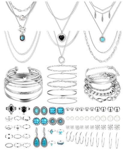 FAXHION 73PCS Western Silver Jewelry Set for Women, Boho Layered Necklaces & Stackable Rings Set, 14 Necklaces 15 Bracelets 26 Earrings 18 Knuckle Rings, Vintage Costume Jewelry Gift