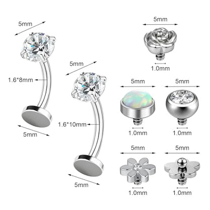Belly Button Ring Set for Women, 14G 316L Steel Internally Threaded Navel Rings with Interchangeable Tops Opalite, CZ Star, Flower, Ball, 8-14MM Floating Cute Belly Piercing Jewelry Gold Silver - style: Silver - 14G（1.6mm）- 10/8mm