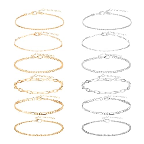 Ankle Bracelets for Women 12 Pcs Gold/Silver Plated Layered Cuban Link Chain Anklets Set Summer Boho Jewelry Anklets - style: 12 Chains