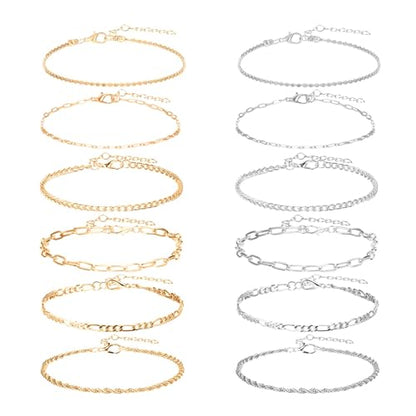 Ankle Bracelets for Women 12 Pcs Gold/Silver Plated Layered Cuban Link Chain Anklets Set Summer Boho Jewelry Anklets - style: 12 Chains