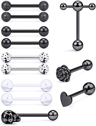 Prjndjw Jewelry, 5/8in(16mm) L, 14G Tongue Piercing Barbells Multicolor Surgical Stainless Steel Long Nipple Piercing Barbells Body Jewelry for Women - color: Black