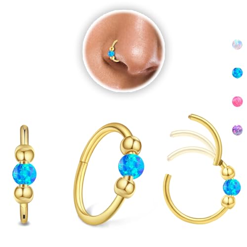 Thiswhyimbeauty 2PCS 18g Opal Nose Rings for Women Nose Hoops 8mm/10mm Hypoallergenic 316L Surgical Steel Nose Rings Piercing Jewelry Can Be Used as a Nose Ring, Septum Ring, and Cartilage Earring - color: A-Gold Blue opal