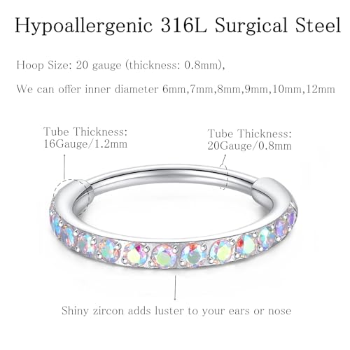 ORANGELOVE 20G 18G 16G Clear CZ Nose Ring Hoop 316L Surgical Steel Seamless Silver Septum Ring Clicker Jewelry Cartilage Earring Ear Piercing Hoop Earrings for Women Men Helix Rook Lobe Conch Tragus Daith Lip Hinged Piercing Jewelry with Cubic Zirconia -