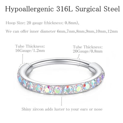 ORANGELOVE 20G 18G 16G Clear CZ Nose Ring Hoop 316L Surgical Steel Seamless Silver Septum Ring Clicker Jewelry Cartilage Earring Ear Piercing Hoop Earrings for Women Men Helix Rook Lobe Conch Tragus Daith Lip Hinged Piercing Jewelry with Cubic Zirconia -