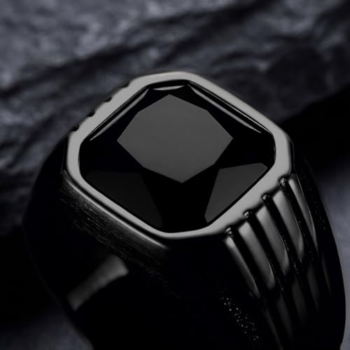 Cubic Zirconia Rings for Men Women Stainless Steel Birthstone Ring Square Cut Statement Jewelry Size 7-14 - color: Black-Black Onyx, size: 12